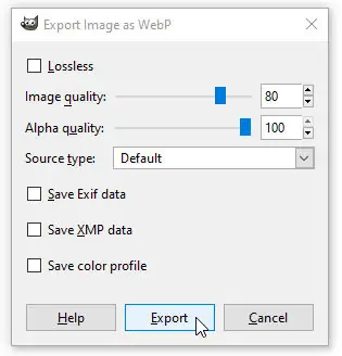 Exporter l'image au format WebP dans Gimp